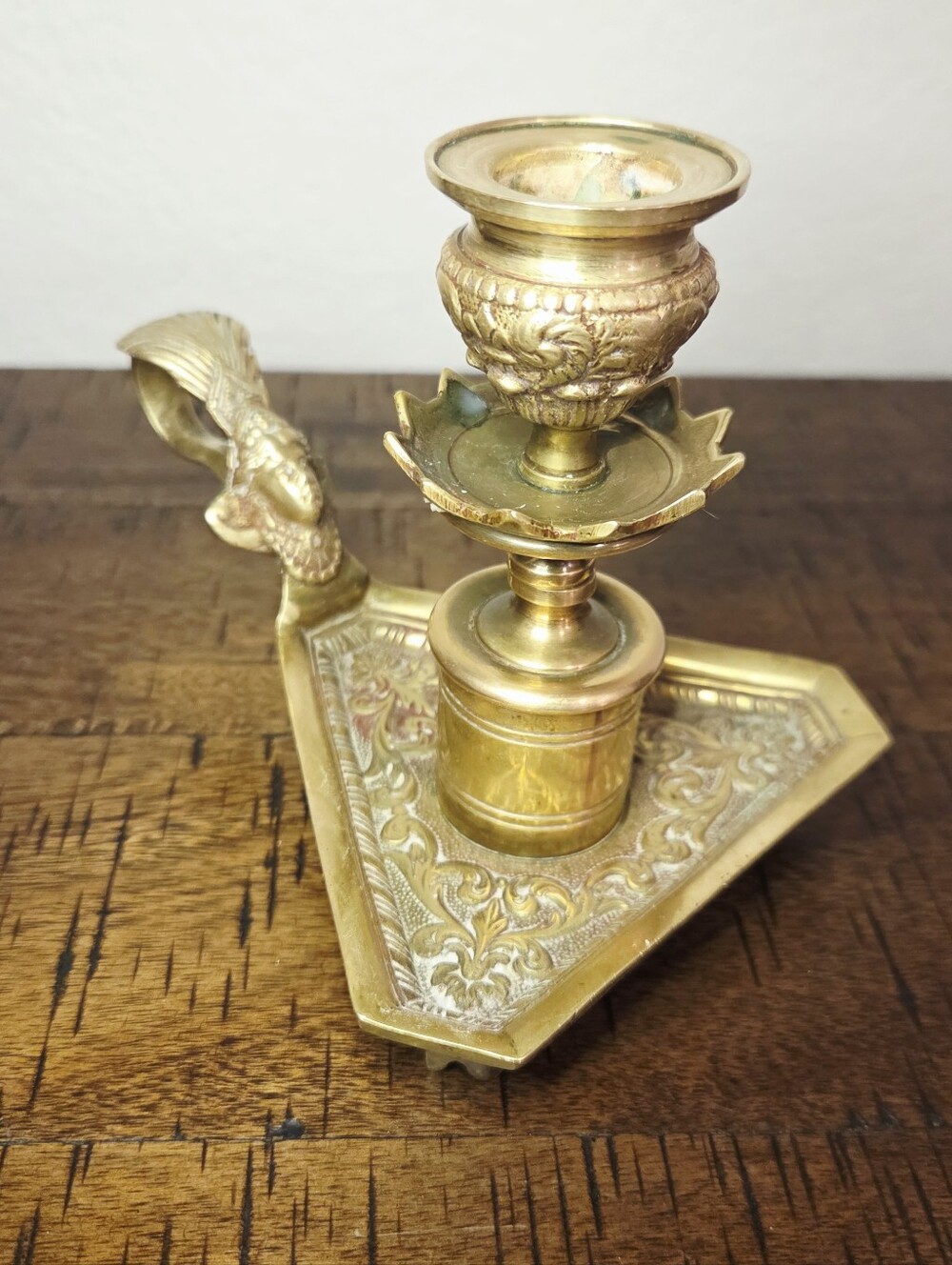 Vintage Renaissance Revival Brass Chamber Candlestick Triangular Shield Base